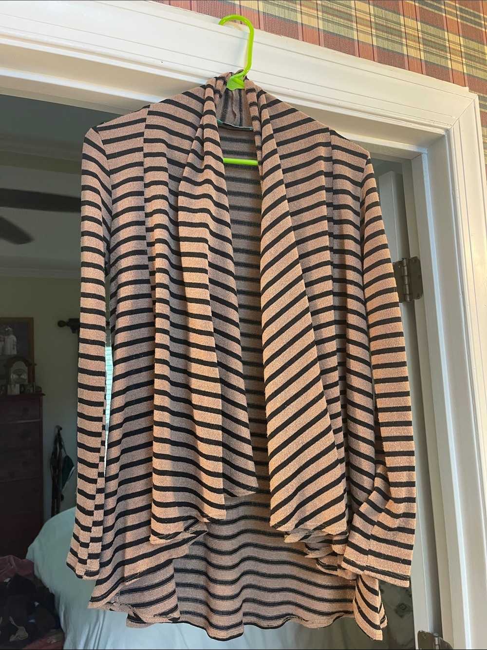 Striped Open-Front Women’s Cardigan Sweater in Tan and Black